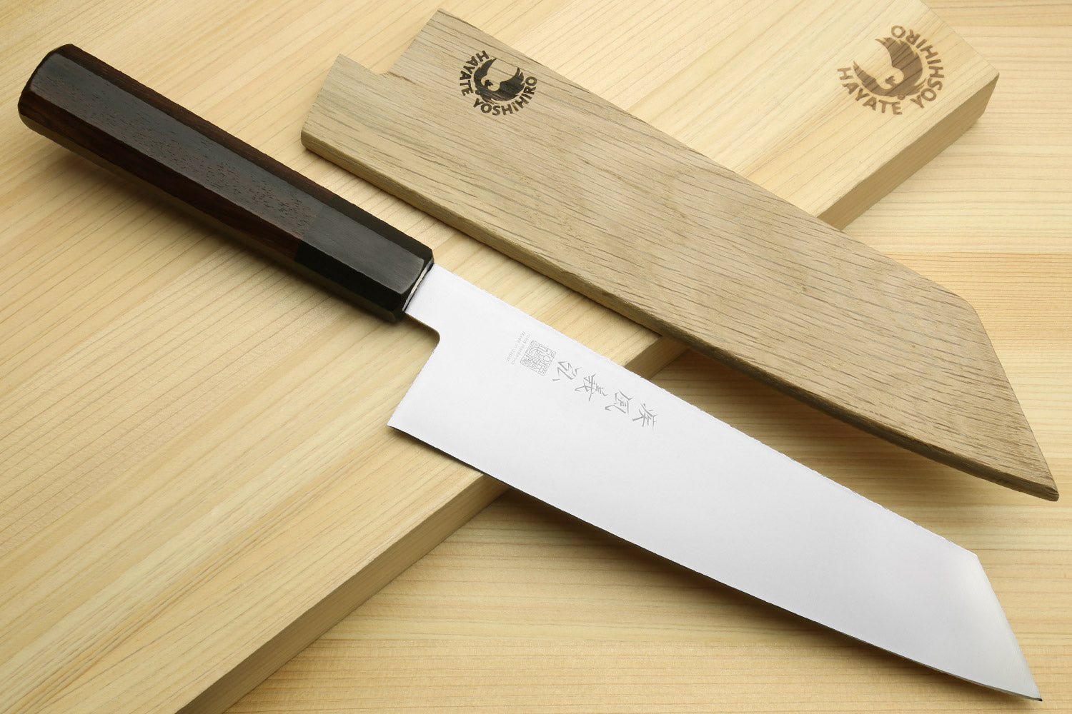 Kiritsuke chef knife with stainless blade, dark rosewood handle, and wooden sheath