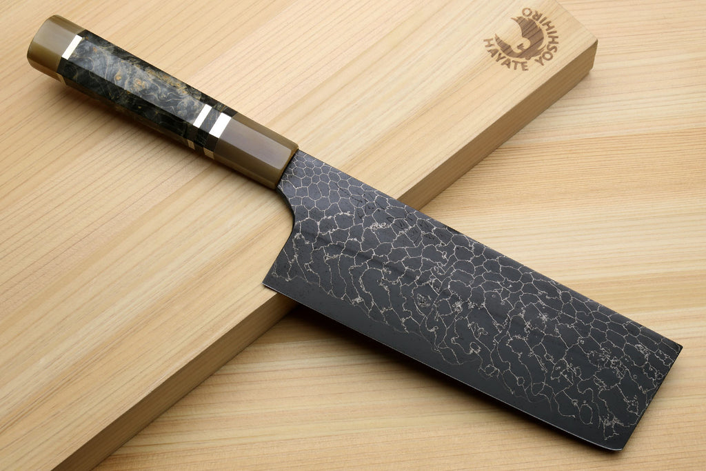 Nakiri vegetable knife with dark crackle Damascus blade and stone-textured handle