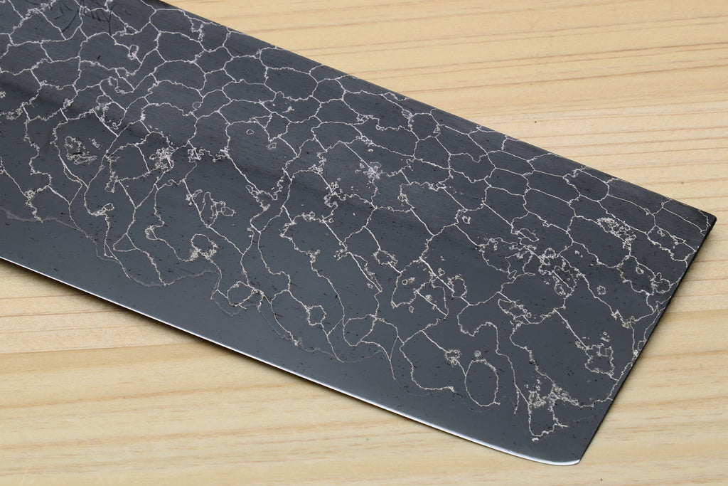 Nakiri vegetable knife blade with dark crackle Damascus pattern and flat edge