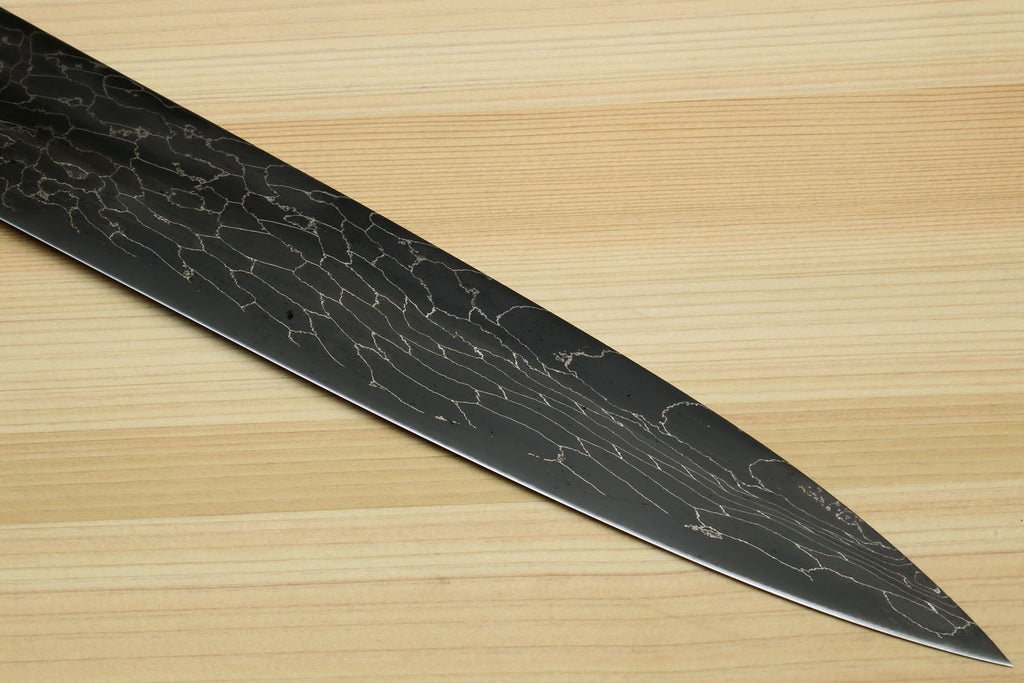 Sujihiki slicer knife with long black Damascus snake-skin patterned blade