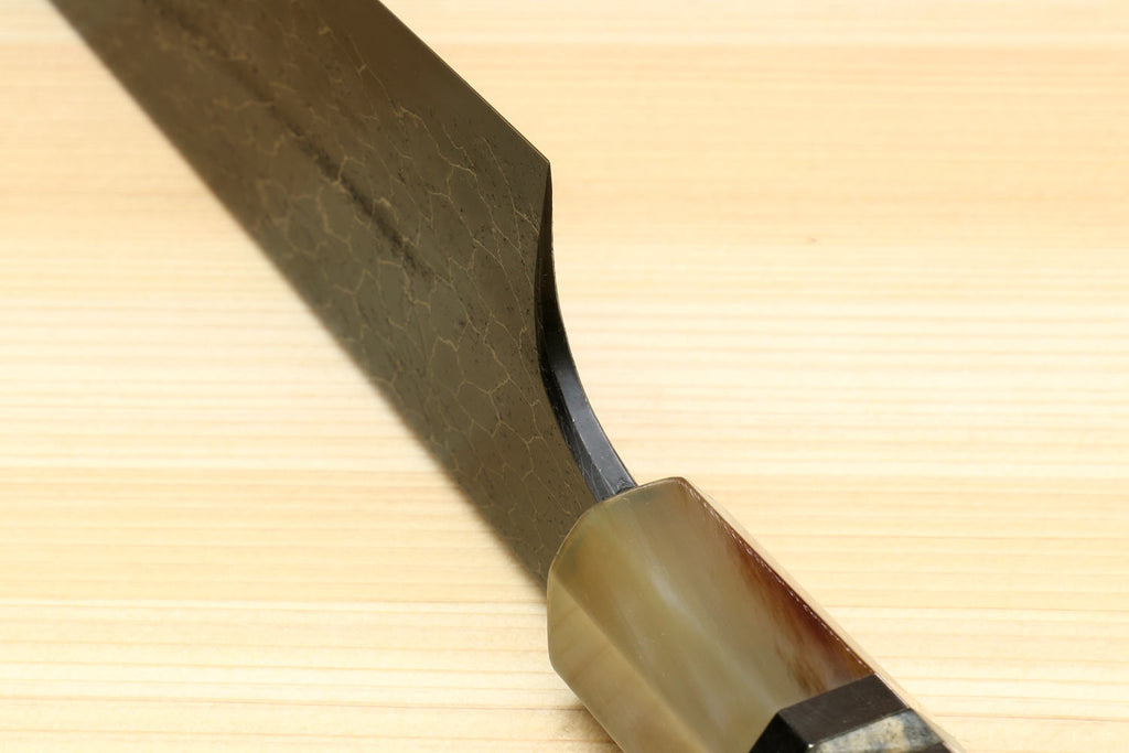 Sujihiki slicer knife handle and bolster with black Damascus patterned blade