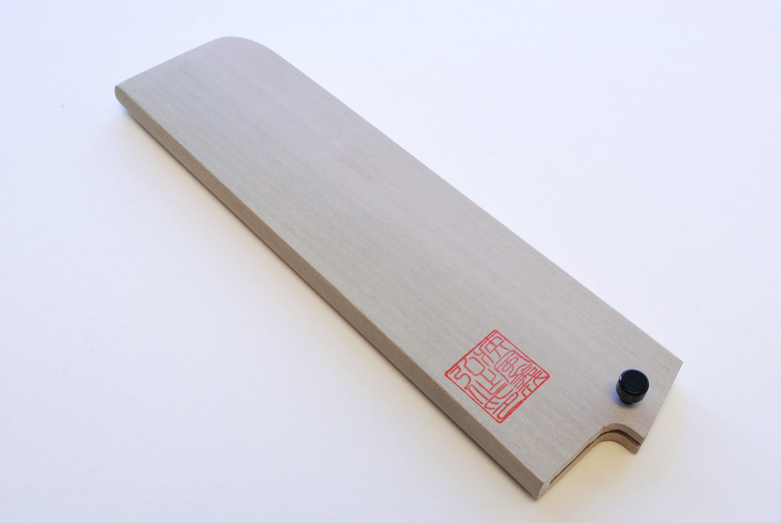 Natural magnolia wood saya cover for nakiri knife, light tan with blue end knobs