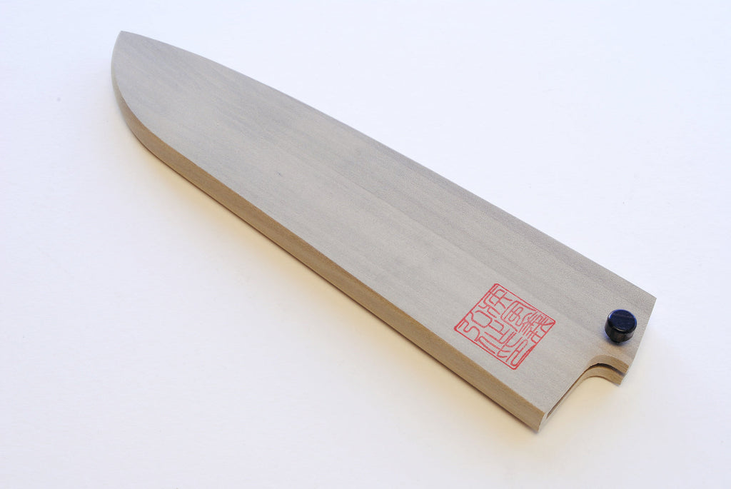 Natural wood santoku blade protector cover with red stamp and black end knob