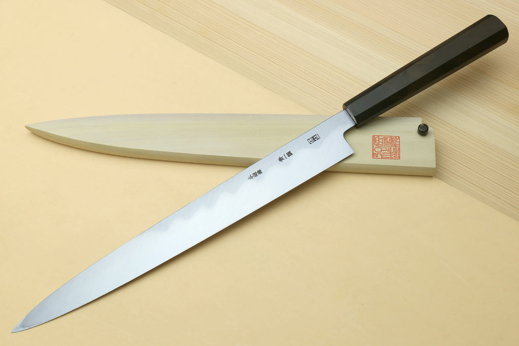 Japanese sushi sashimi knife with mirror-polished steel blade and ebony handle