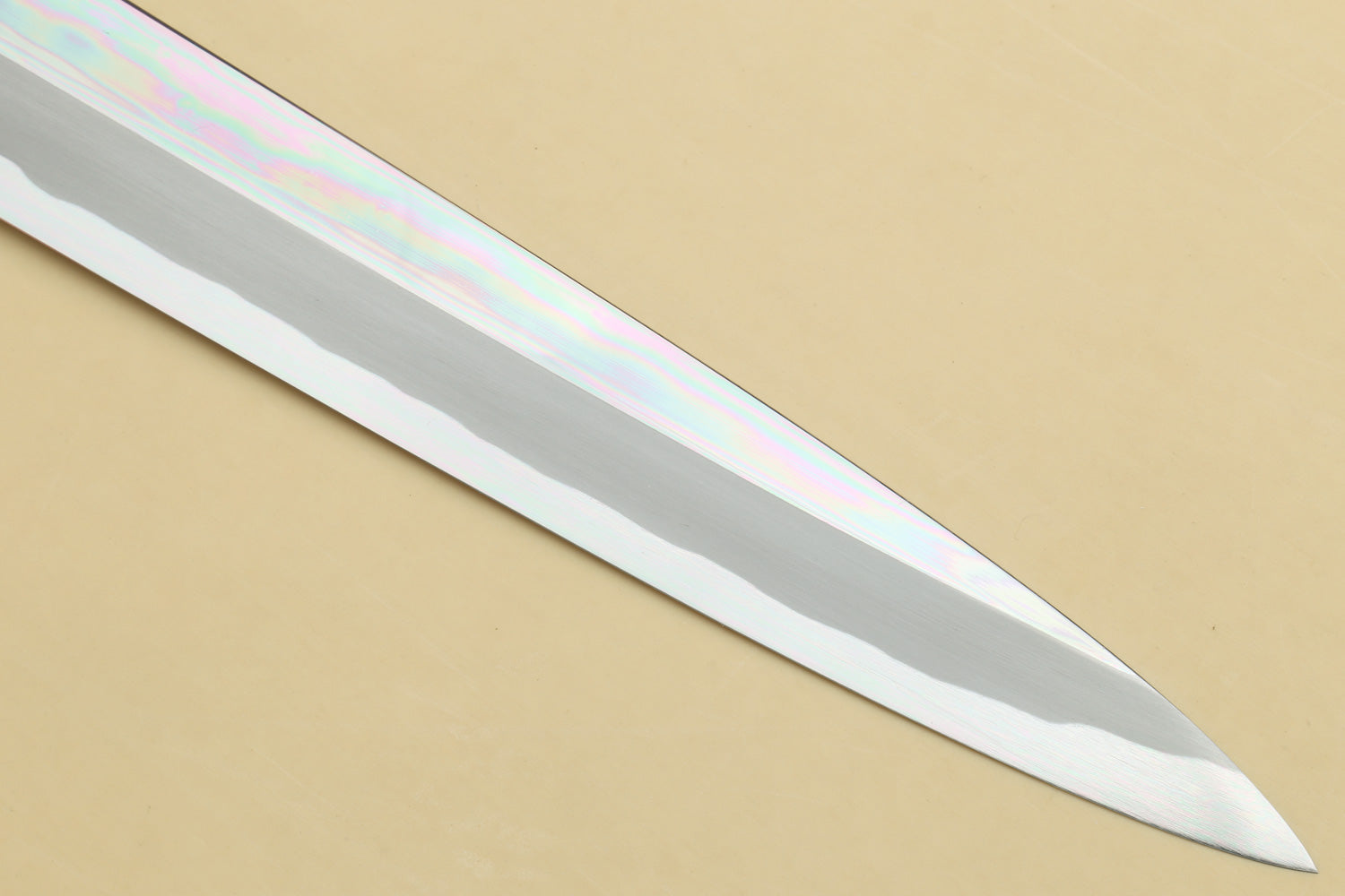 Japanese sushi sashimi knife blade with sharp pointed tip, mirror-polished steel