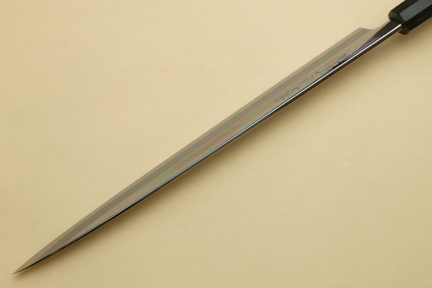 Japanese sushi sashimi knife side profile, mirror-polished steel blade