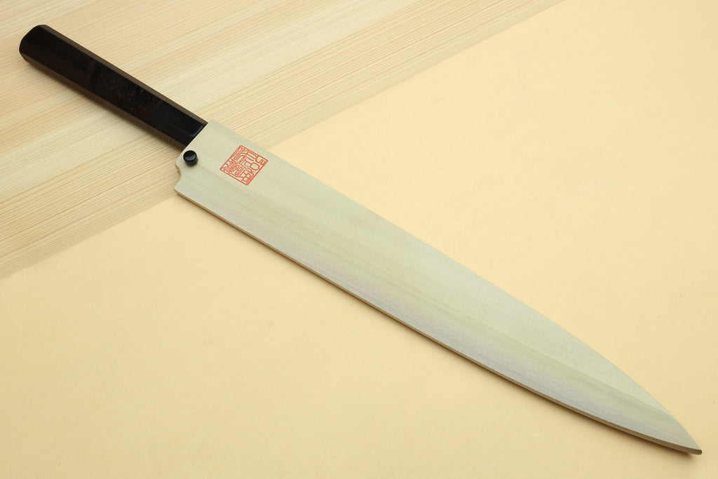 Japanese sushi sashimi knife with mirror-polished blade and ebony handle