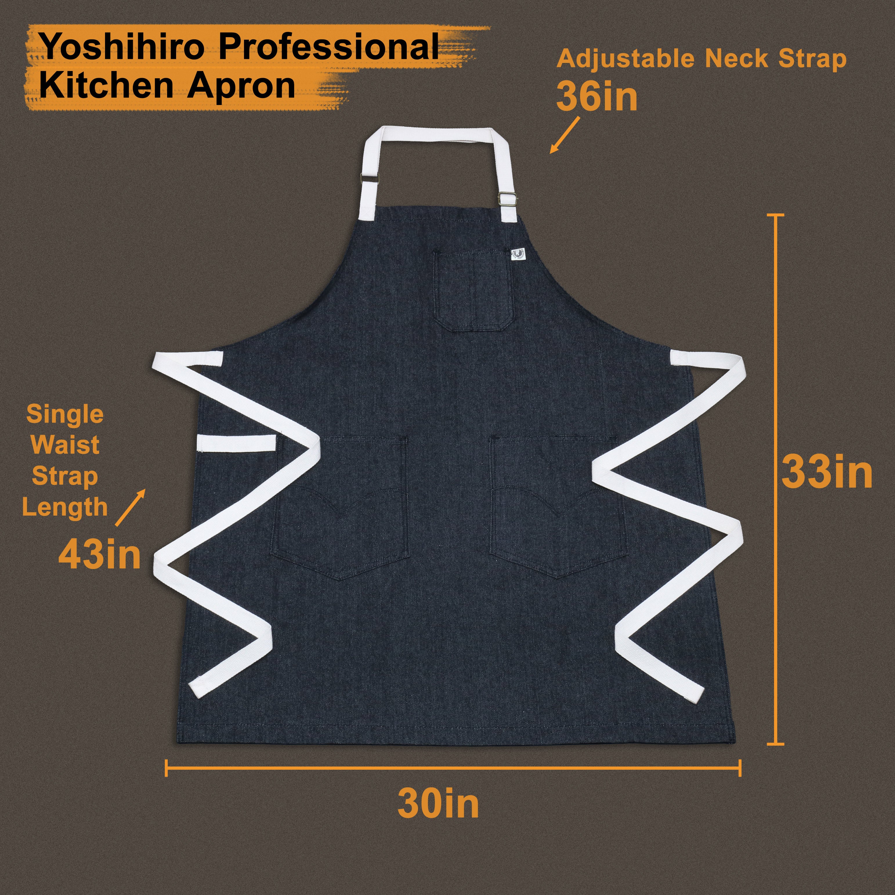 Dark denim kitchen apron with adjustable neck strap, single waist strap, and front pockets