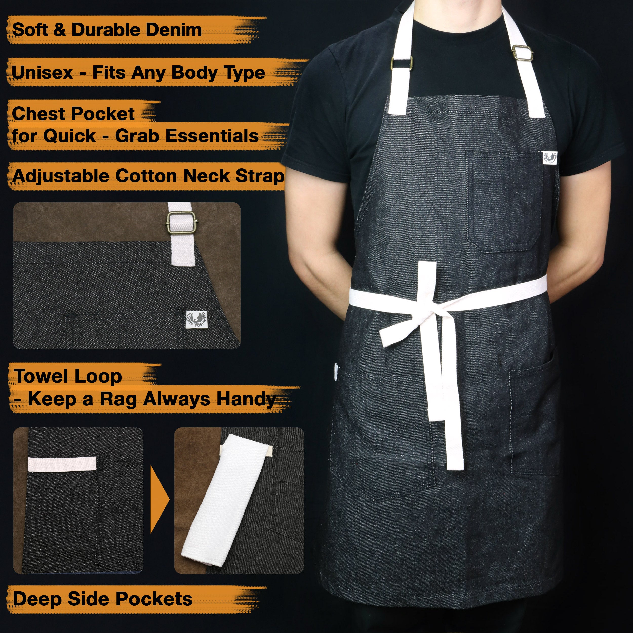 Dark denim professional kitchen apron with white adjustable neck strap and waist ties
