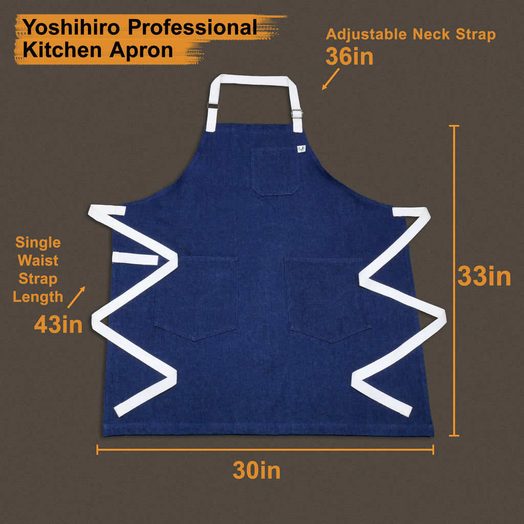 Dark denim professional kitchen apron with adjustable neck strap and waist tie