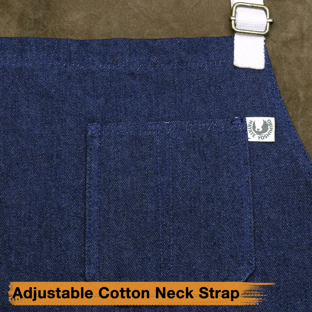 Dark denim kitchen apron with chest pocket and adjustable neck strap buckle