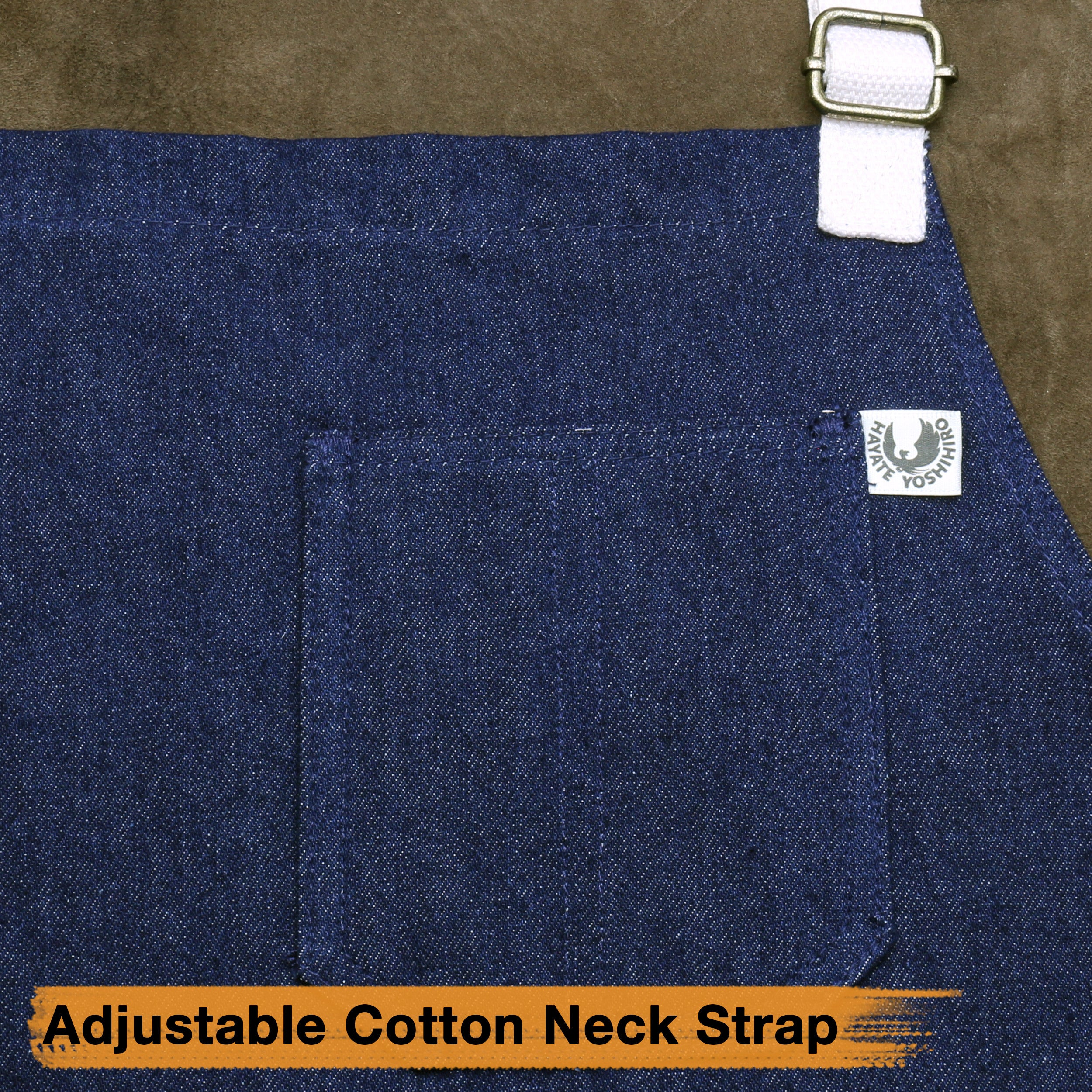 Dark denim kitchen apron with chest pocket and adjustable neck strap buckle