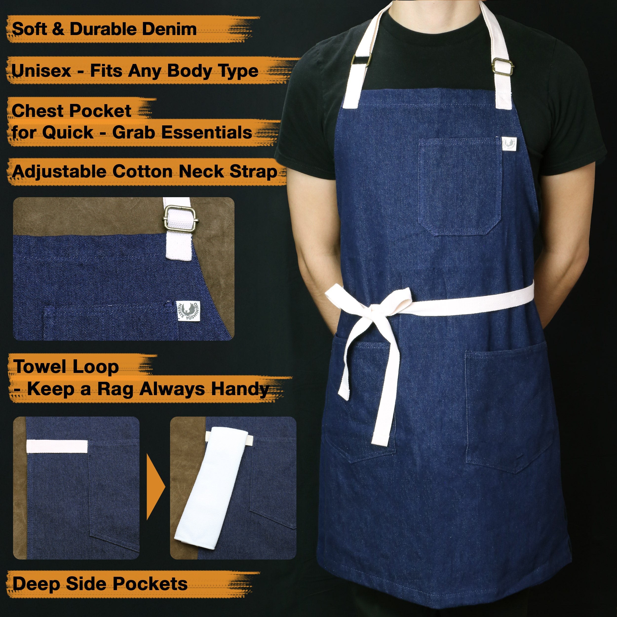 Dark denim kitchen apron with white neck strap, chest pocket, and waist tie