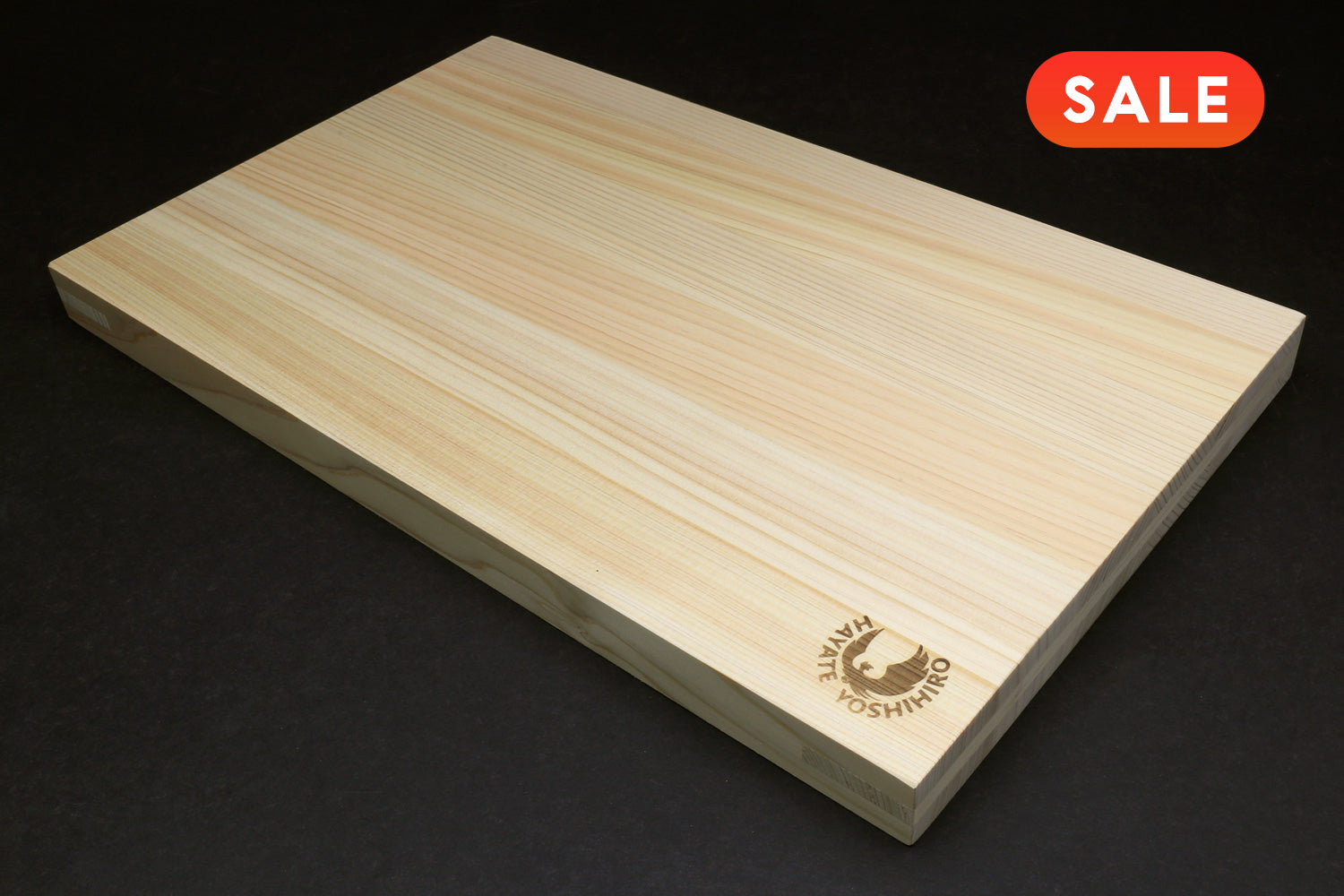 Large rectangular Hinoki wood cutting board with logo on front