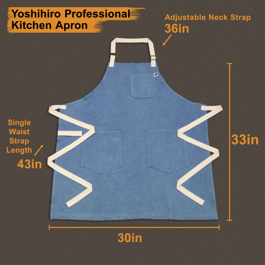 Light blue denim professional kitchen apron with adjustable neck strap and two front pockets