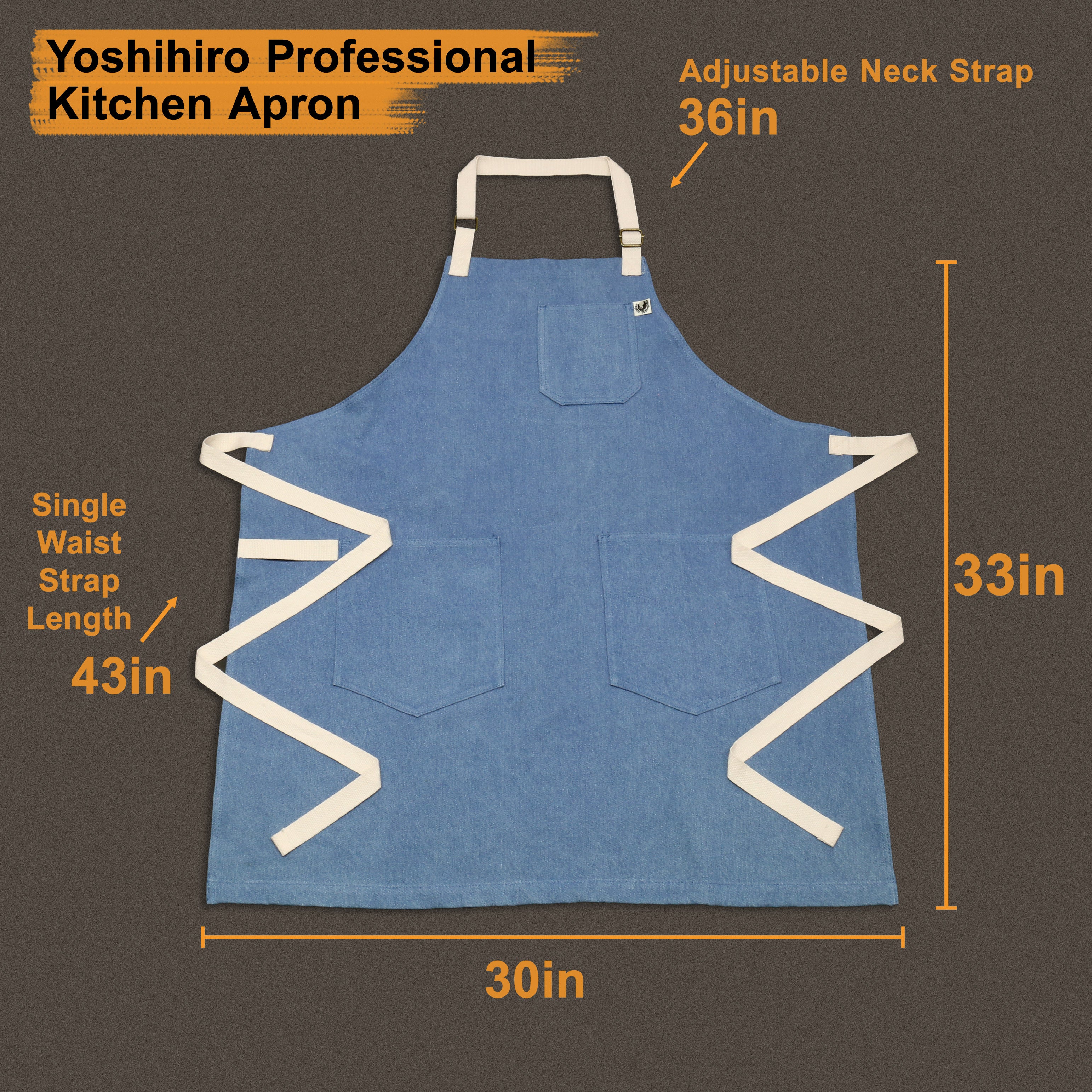 Light blue denim professional kitchen apron with adjustable neck strap and two front pockets