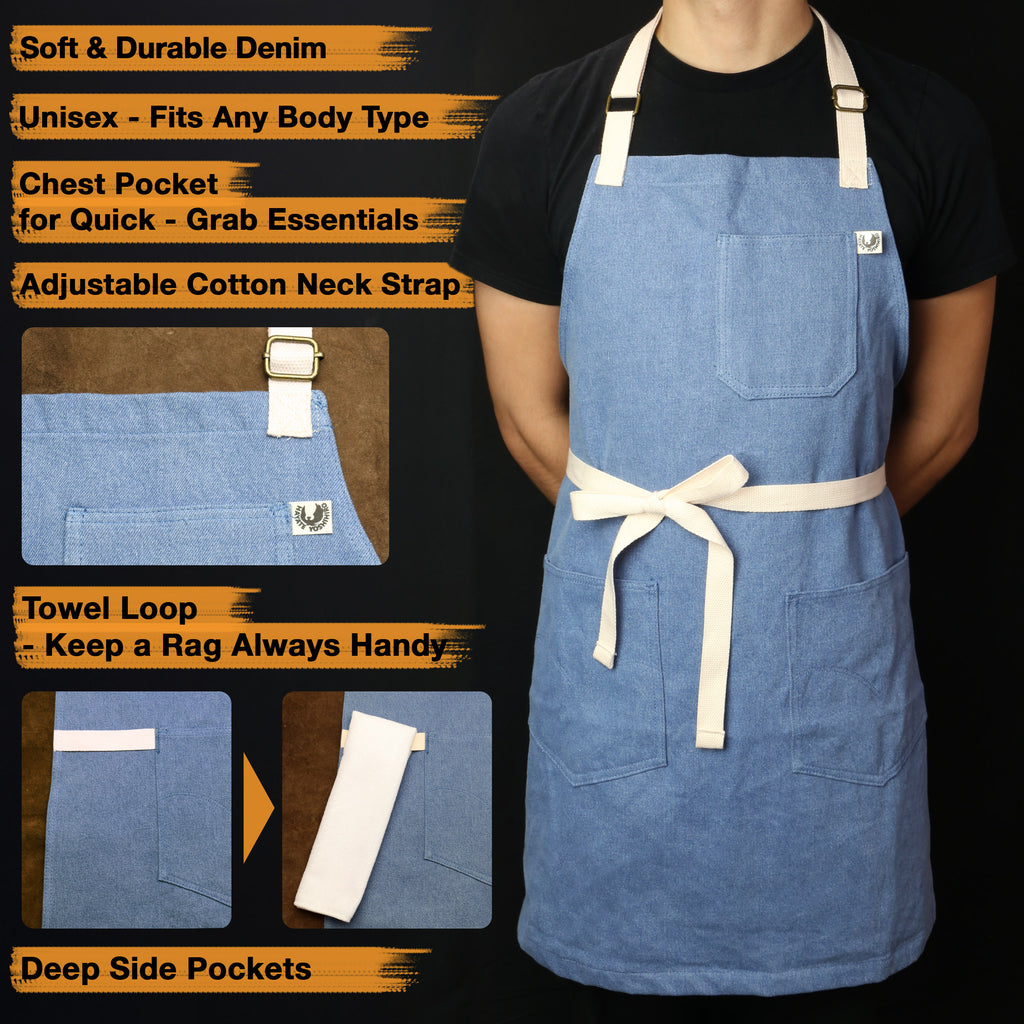 Light blue denim kitchen apron with chest pocket, deep side pockets, and towel loop