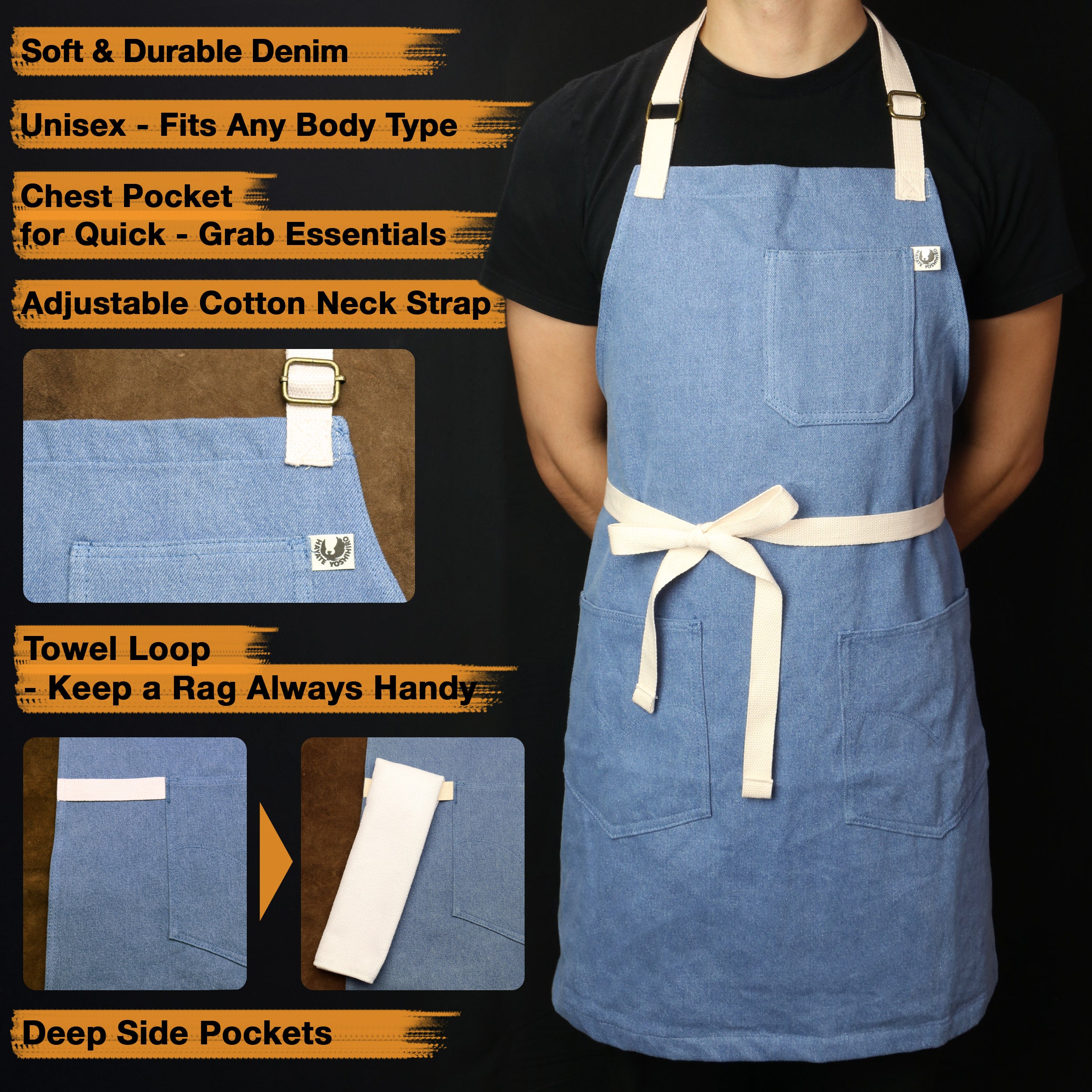 Light blue denim kitchen apron with chest pocket, deep side pockets, and towel loop