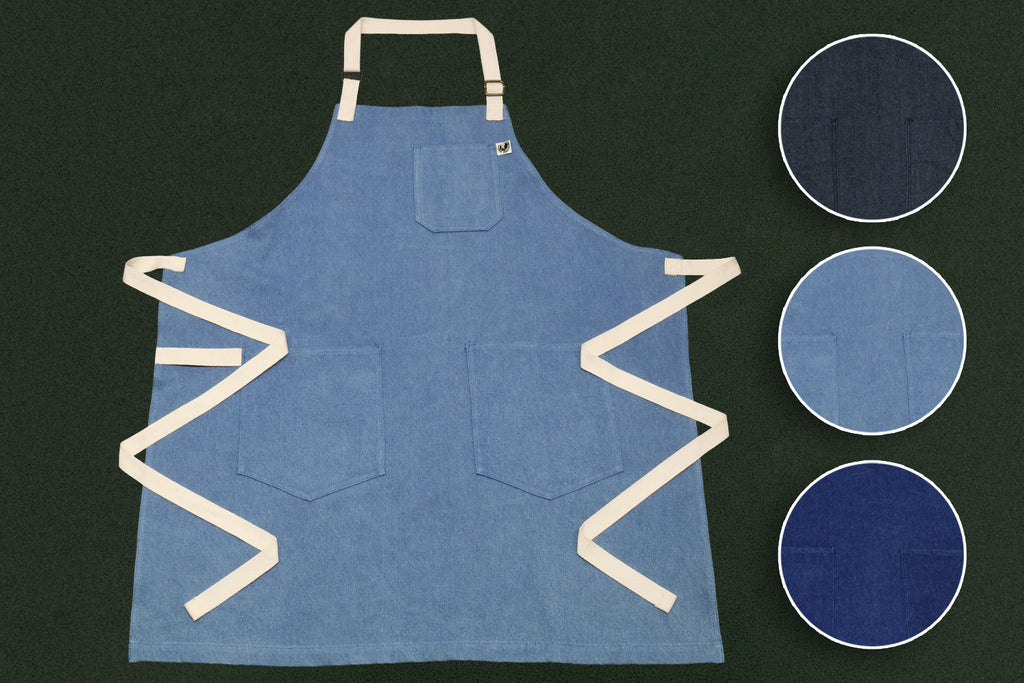 Light blue denim kitchen apron with front pocket and adjustable neck strap