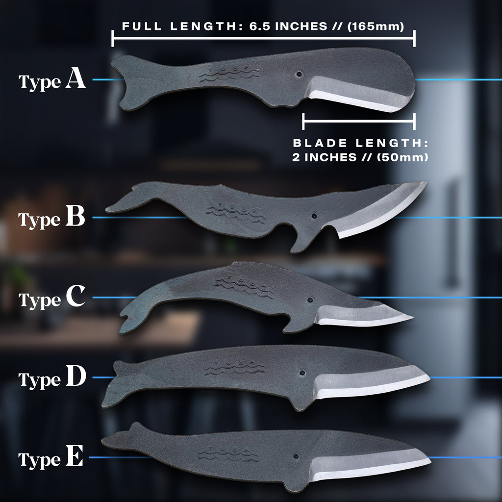 Whale utility knife size chart showing types A–E with blade and full lengths