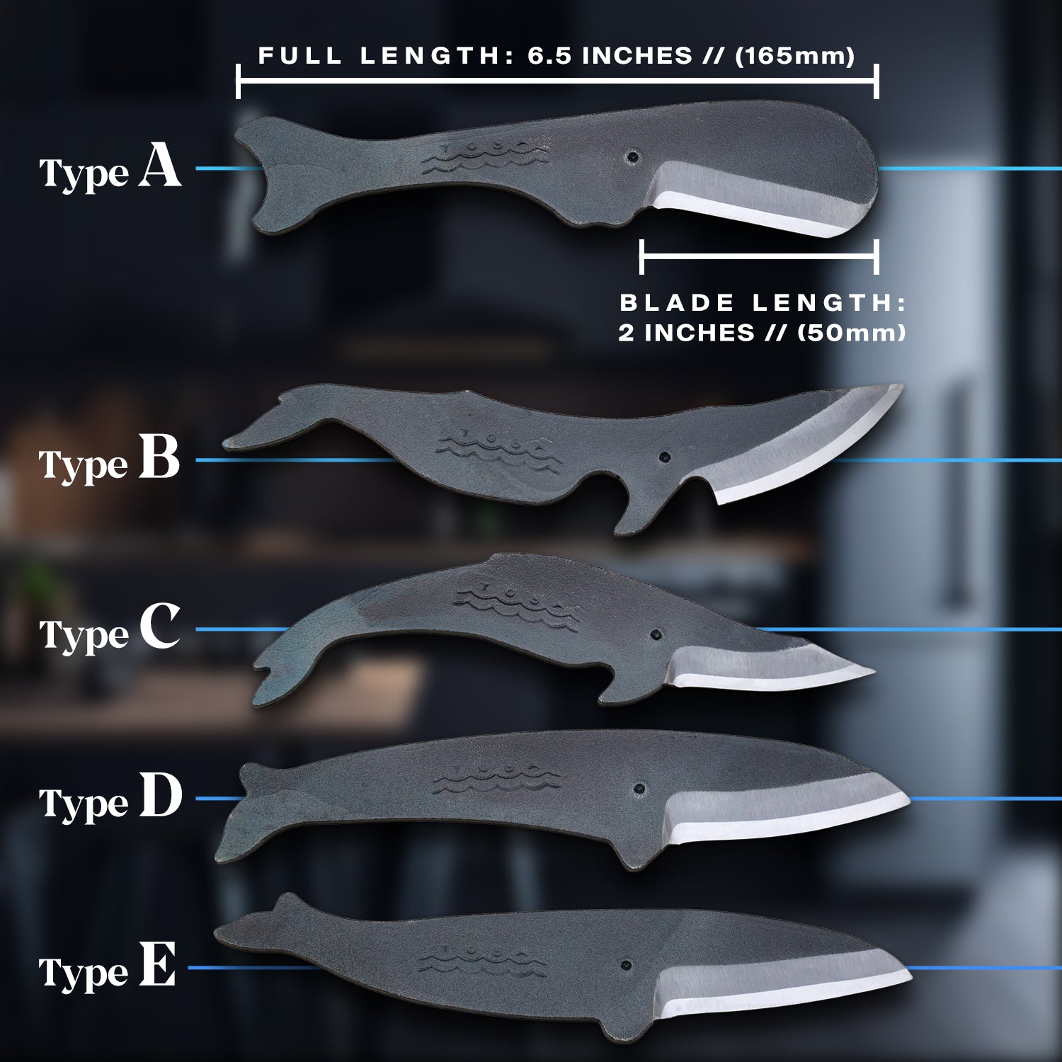Whale utility knife size chart showing types A–E with blade and full lengths