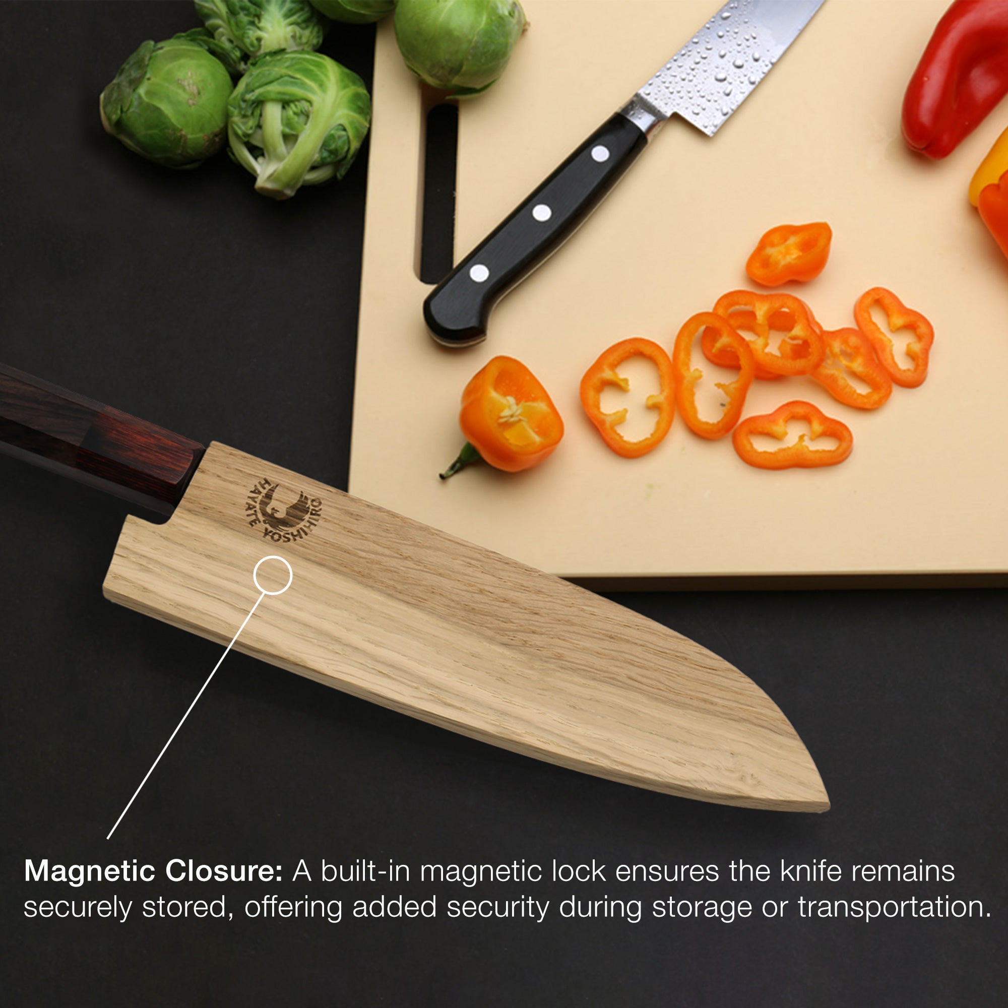 Magnetic oak wood saya cover for santoku knife blade protector with closure detail