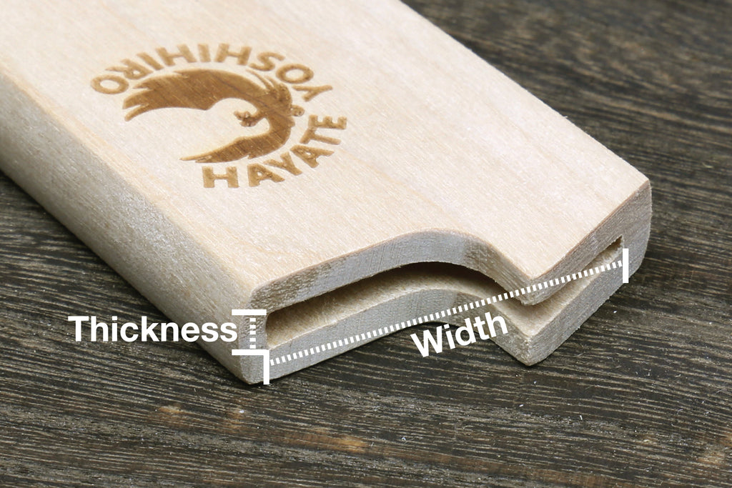 Oak wood saya cover cross-section showing thickness and width measurements