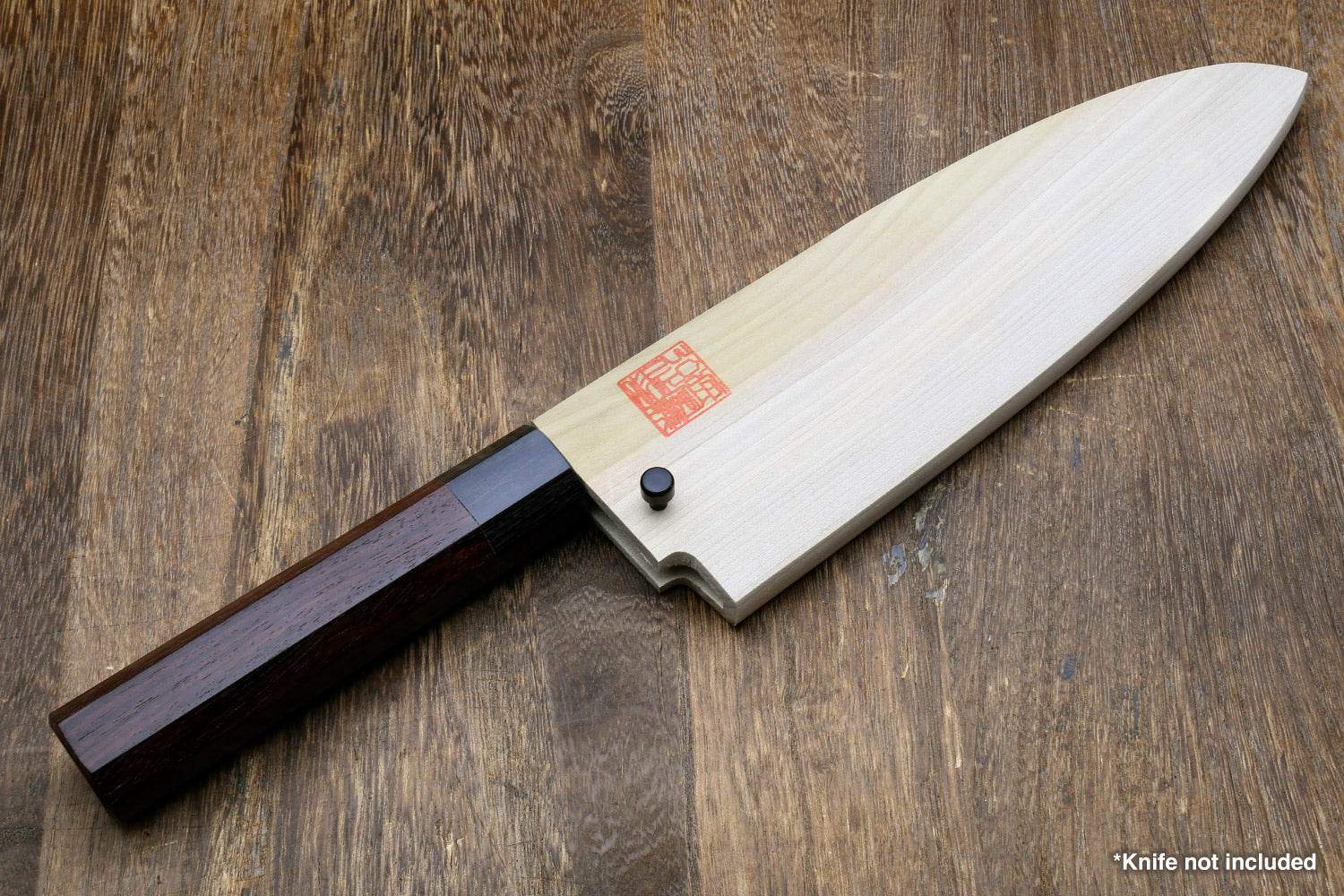 Natural wooden saya knife cover with knife handle inserted; red stamp and black pin