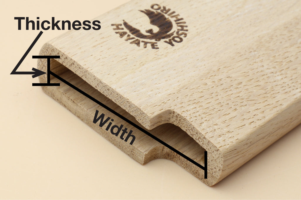 Oak saya fit diagram showing thickness and width measurements for Deba blade cover