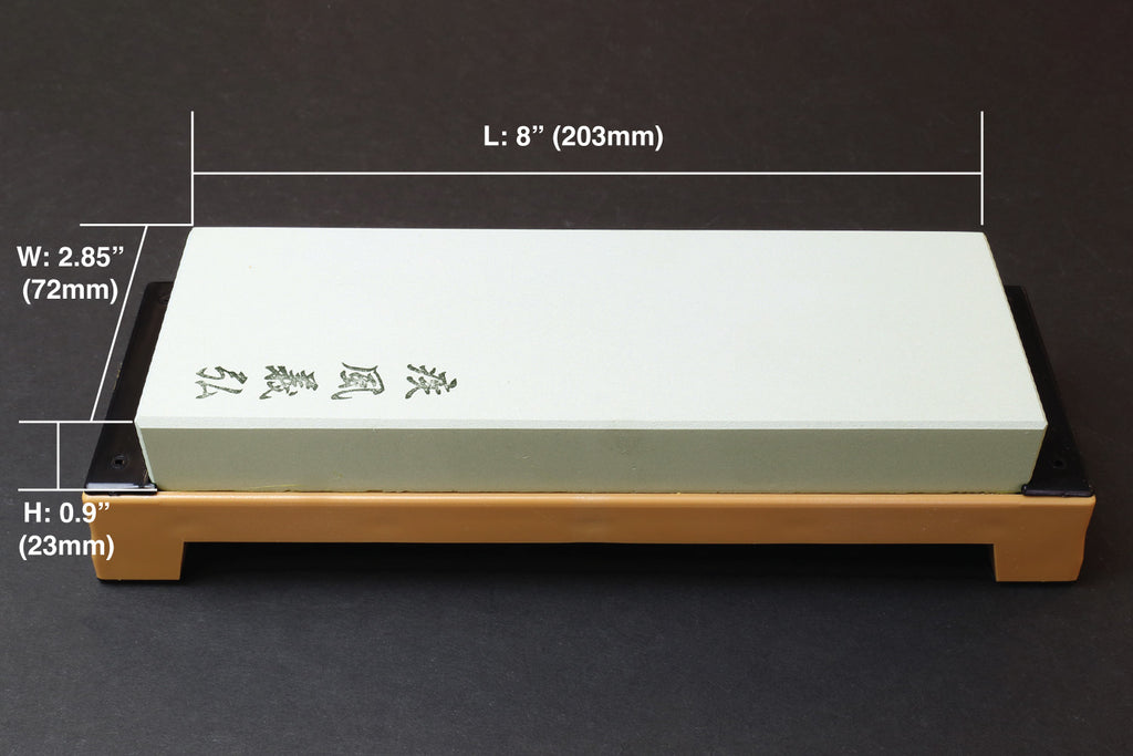 Rectangular 400-grit whetstone with white stone and beige stand, measured view