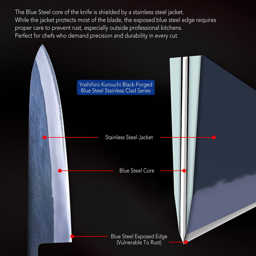 Gyuto chef knife diagram showing stainless jacket, blue steel core, and exposed edge