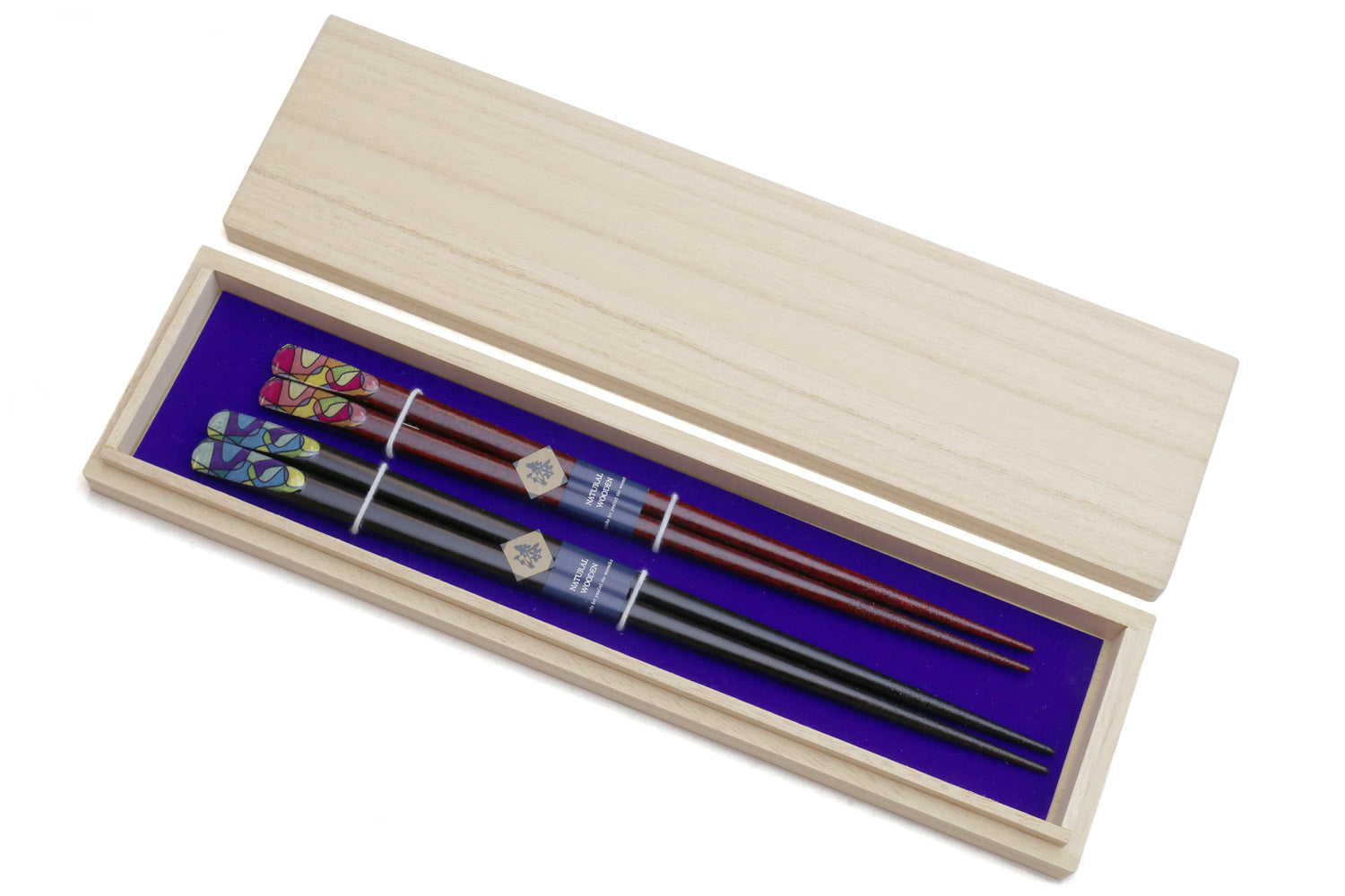 Paulownia wood box with lacquered retro graphic chopsticks, purple insert.