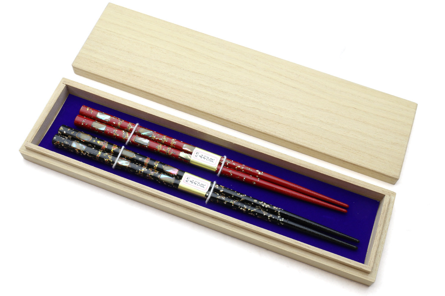 Japanese chopsticks set, red & black abalone shell pattern, wood case