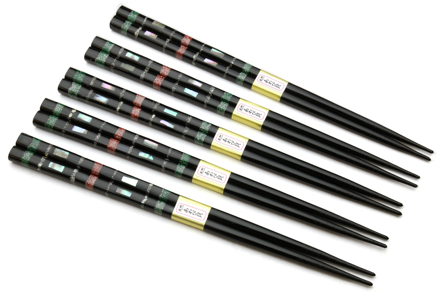 Set of 5 black chopsticks, green and red mosaic patterned grip