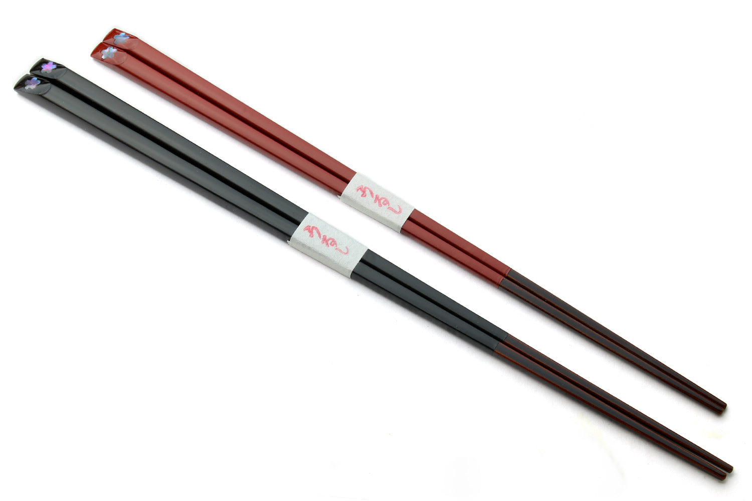 Black and red Japanese chopsticks with floral tip detailing