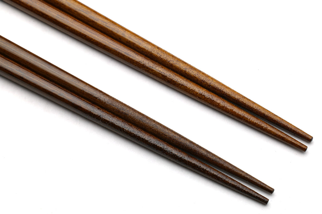 Brown wood chopsticks with glossy finish, straight tips, twin pair