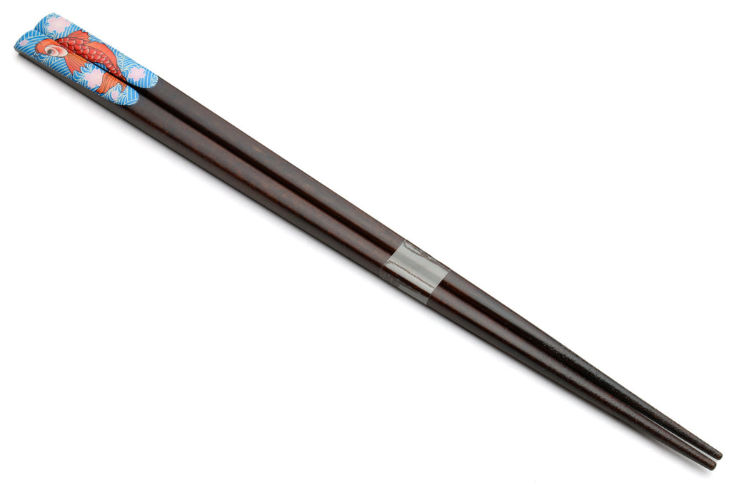 Lacquered dark wood chopsticks with silver band and koi fish patterned grip
