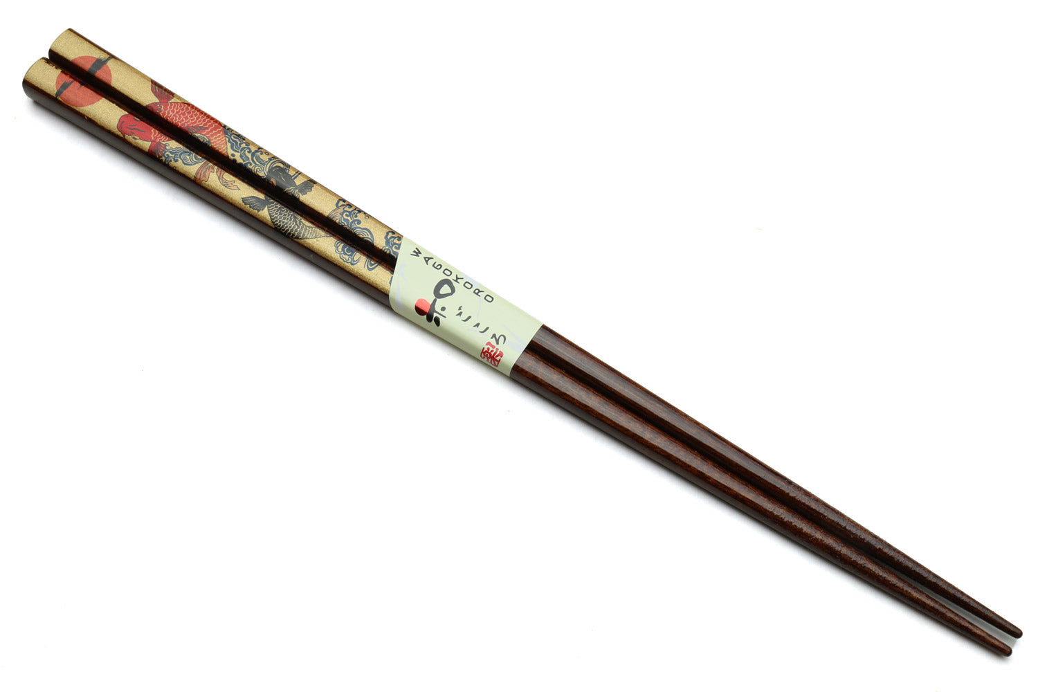 Pair of lacquered chopsticks with multicolor koi-style wrap near the top