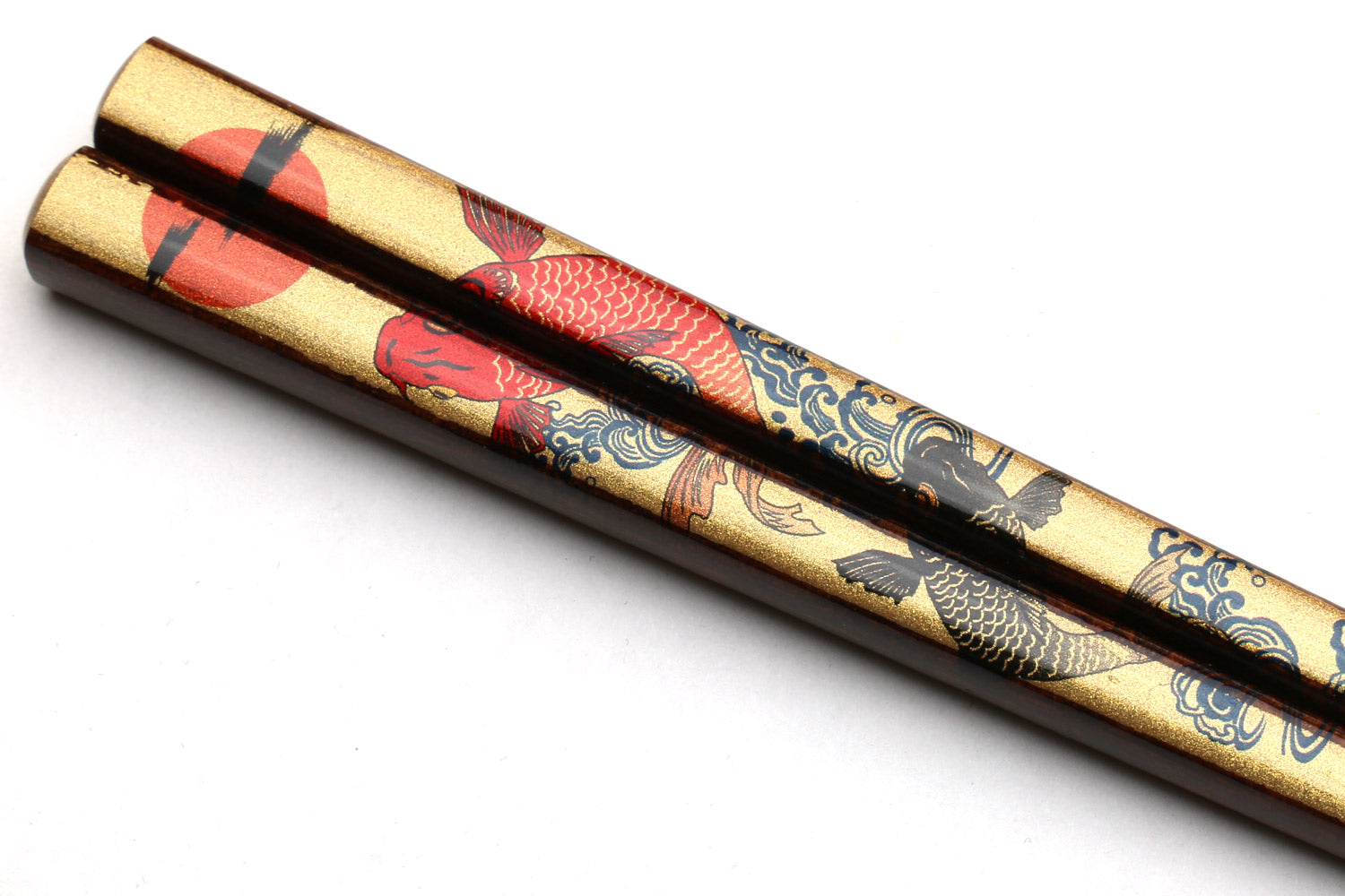 Koi fish patterned lacquered chopsticks with black grip band