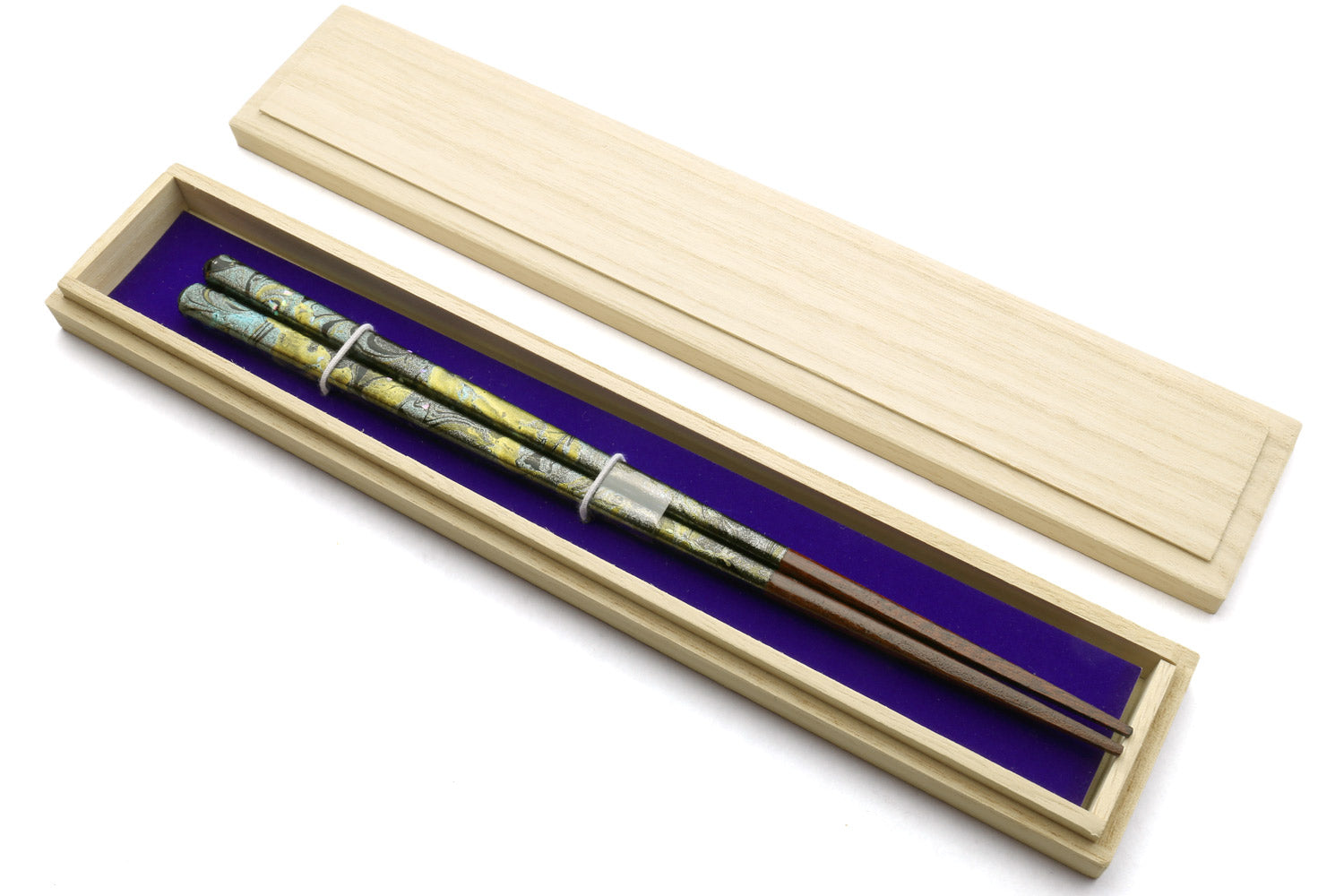 Wooden chopstick box with pair of lacquered chopsticks and purple insert