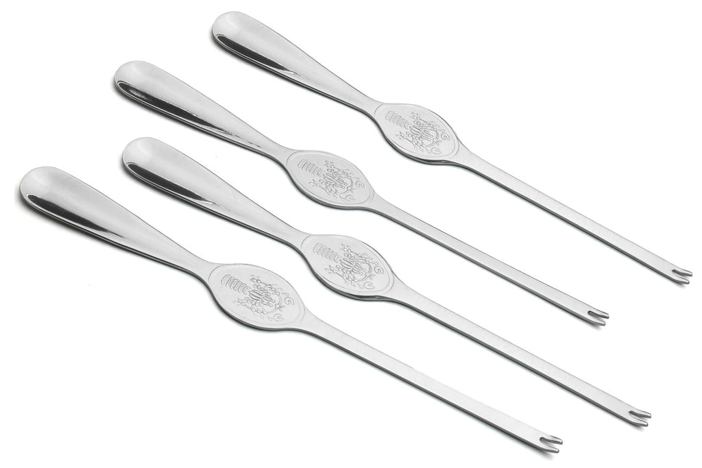 Four stainless crab & lobster spoons, 7.75 in, with oval bowls and engraved seafood relief