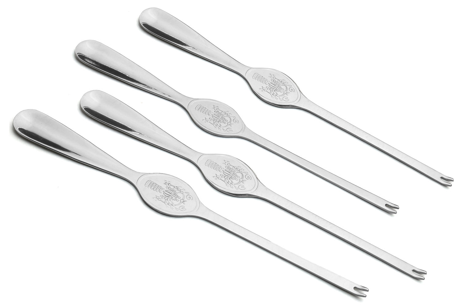 Four stainless crab & lobster spoons, 7.75 in, with oval bowls and engraved seafood relief