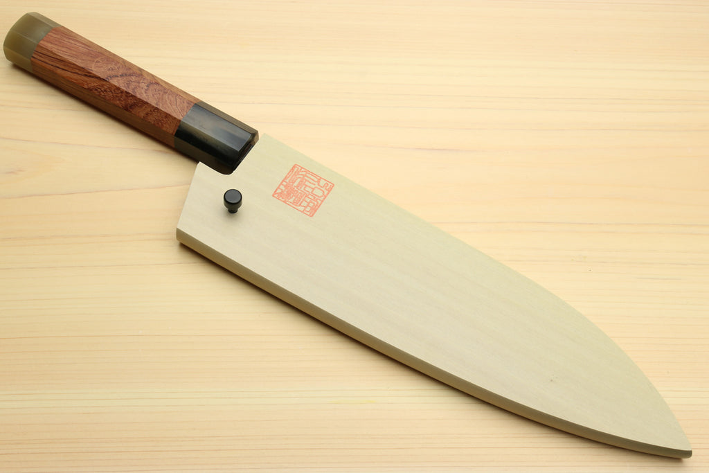 Damascus santoku chef knife with ironwood handle, brass-toned bolster