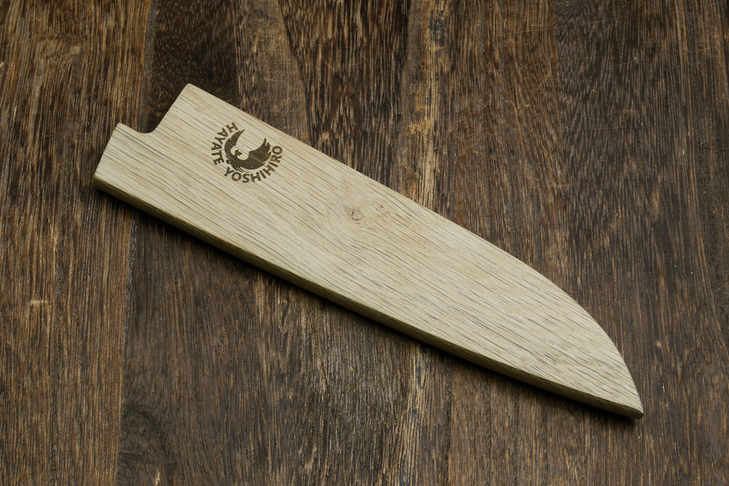 Oak wood saya blade protector cover, light grain, Yoshihiro logo stamp