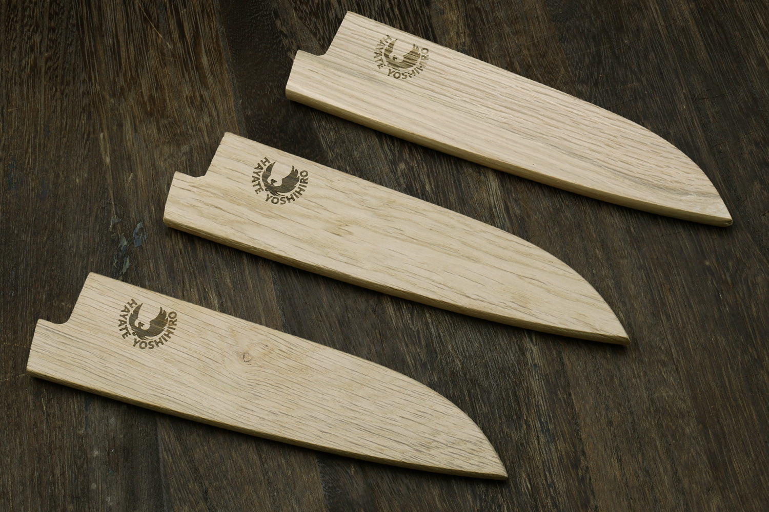 Set of oak wood saya blade protector covers with Yoshihiro logo stamps