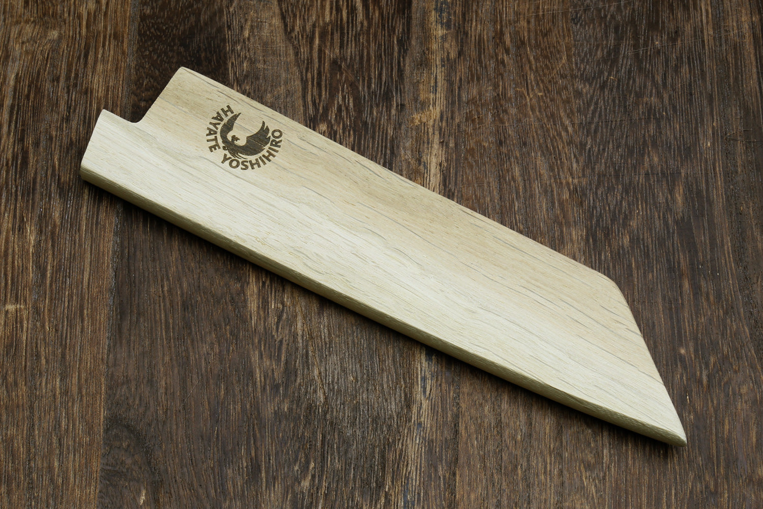 Light oak wooden saya blade protector with Yoshihiro logo, long pointed shape