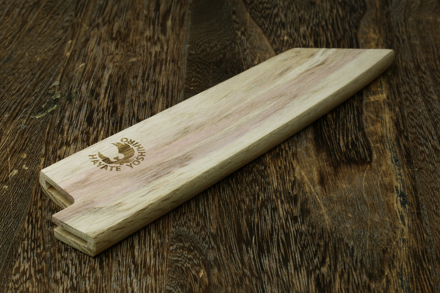 Yoshihiro light oak wooden saya blade protector with logo, pointed end