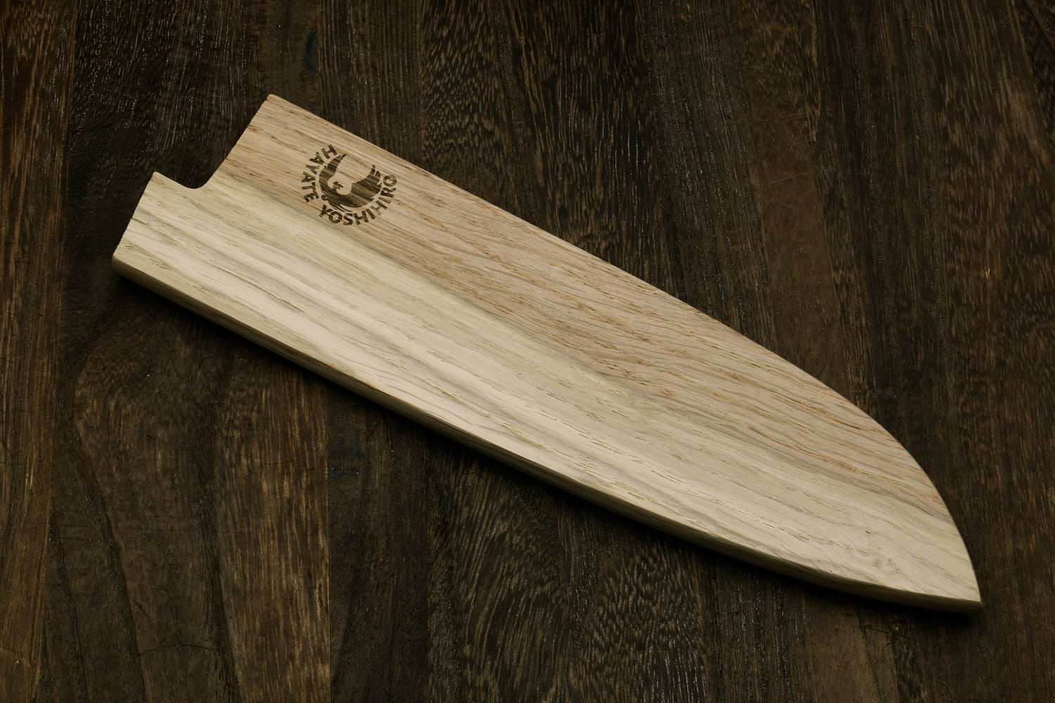 Oak wood saya cover for santoku knife blade protector, engraved emblem on cover