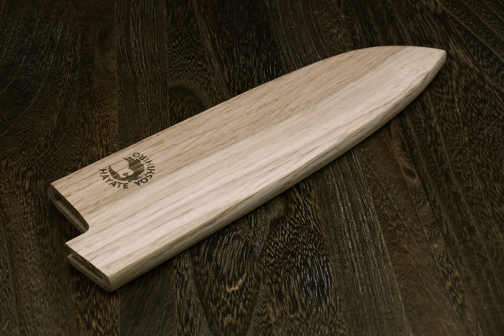 Oak wood saya blade protector cover for santoku knife, side opening and cutout