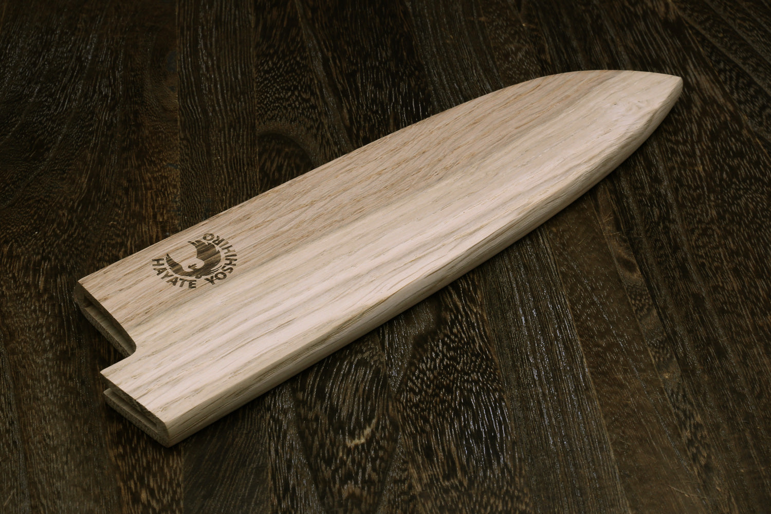 Oak wood saya blade protector cover for santoku knife, side opening and cutout
